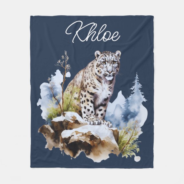 Snow Leopard Winter Mountain Personalised Fleece Blanket (Front)