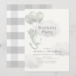 Snow Leopard with Balloons Grey Birthday Invitation