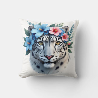 Snow Leopard with Blue & Pink Floral Crown Throw P Cushion