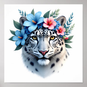 Snow Leopard with Blue & Pink Floral Crown Wall Ar Poster