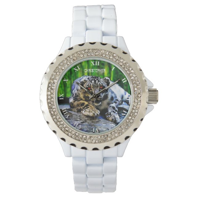 Snow Leopard With Red Eyes Drawing Watch (Front)