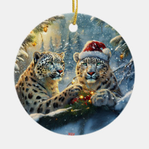 Snow Leopards Holiday Design by Rich AMeN Gill Ceramic Tree Decoration