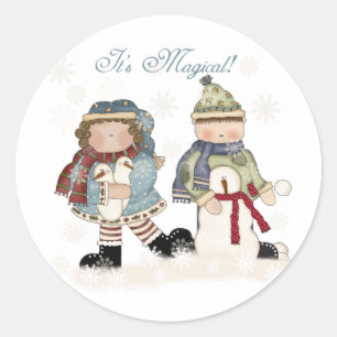 Snow Magic Winter Building Snowmen Classic Round Sticker