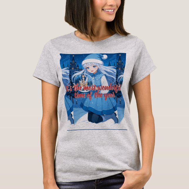 Snow Maiden Anime Girl Christmas Snow Globe T-Shir T-Shirt (Front)