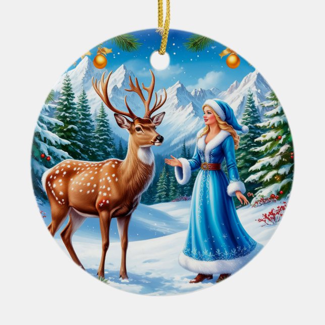 Snow Maiden Enchanting Winter Scene Ceramic Tree Decoration (Front)