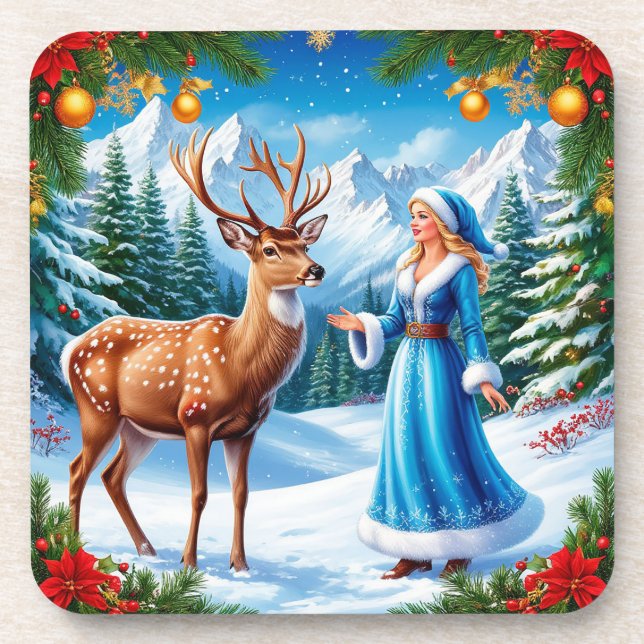 Snow Maiden Enchanting Winter Scene Coaster (Front)