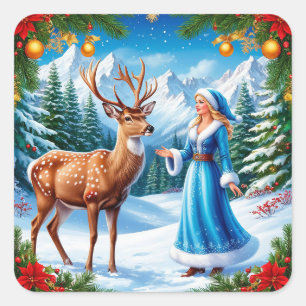 Snow Maiden Enchanting Winter Scene Square Sticker