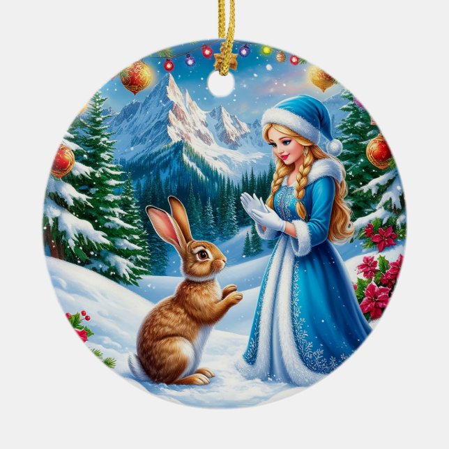 Snow Maiden in Winter Woodland Scene With rabbit Ceramic Tree Decoration (Front)