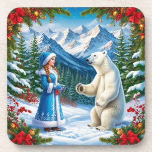 Snow Maiden with Festive Decor and Polar Bear Coaster