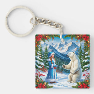 Snow Maiden with Festive Decor and Polar Bear Key Ring