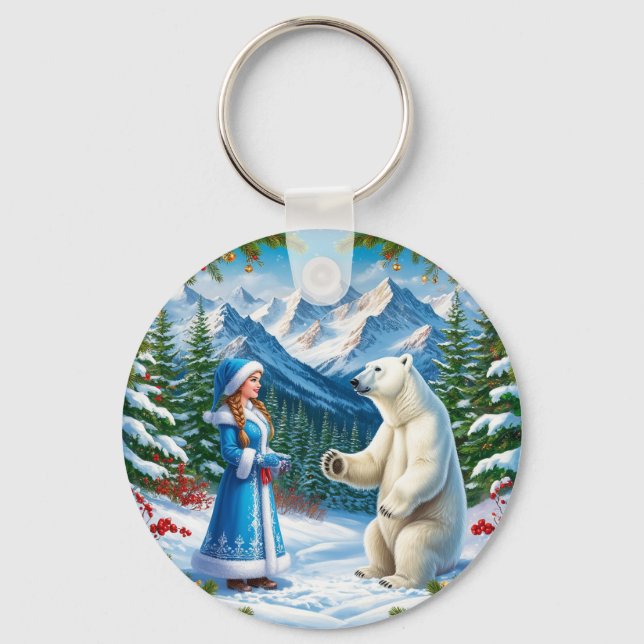 Snow Maiden with Festive Decor and Polar Bear Key Ring (Front)