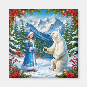 Snow Maiden with Festive Decor and Polar Bear Magnet