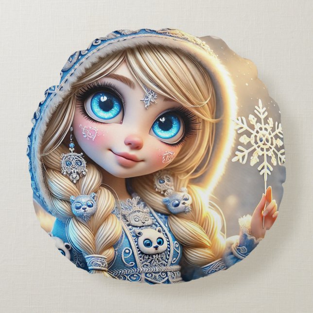 Snow Maiden With Glittering Snowflake Round Cushion (Front)