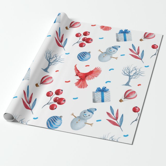 Snow Men Christmas Pattern Wrapping Paper (Unrolled)