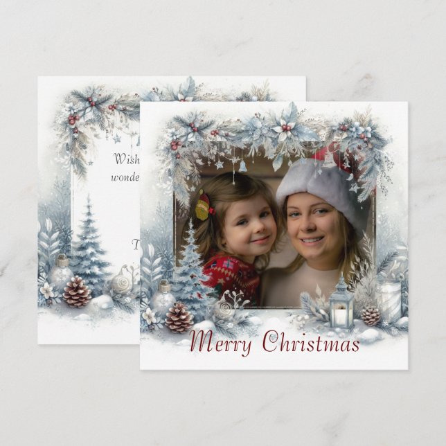 Snow Merry Christmas Watercolor Photo  Holiday Card (Front/Back)