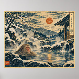 Snow Monkey Hot Spring – Japanese Woodblock Style Poster