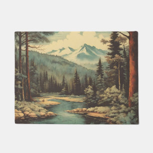 Snow Mountain Forest River Rocks Landscape Doormat