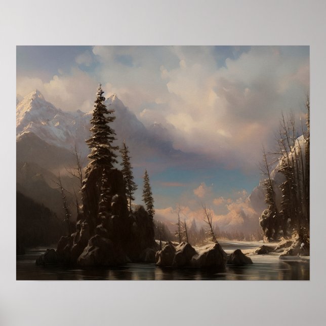 Snow mountain painting at lake - landscape art poster (Front)