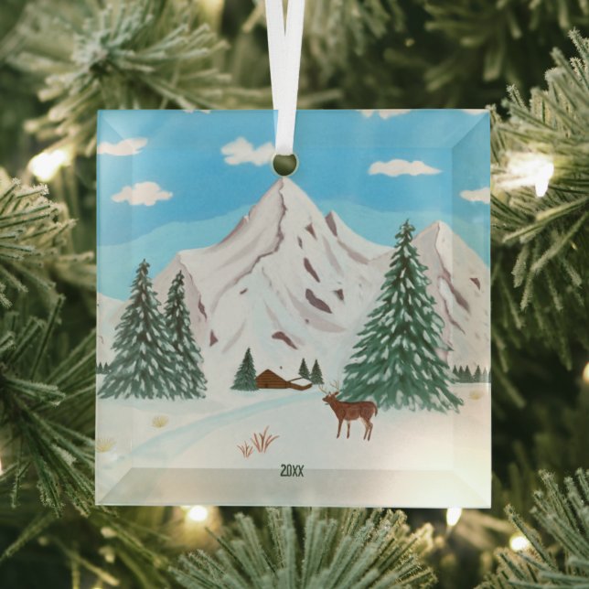 Snow Mountains Glass Square Ornament (Insitu)