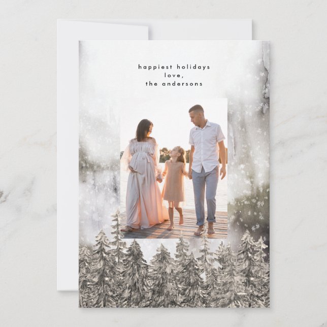 Snow Mountains Trees Christmas One Photo Holiday Card (Front)