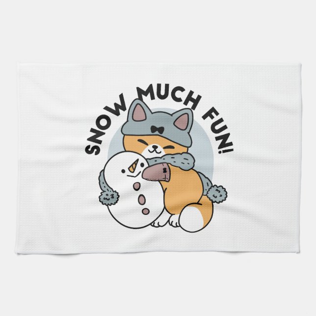Snow Much Fun Cat Winter Holiday Design Tea Towel (Horizontal)