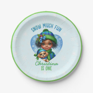 Snow Much Fun Girl & Puppy Holiday Winter Birthday Paper Plate