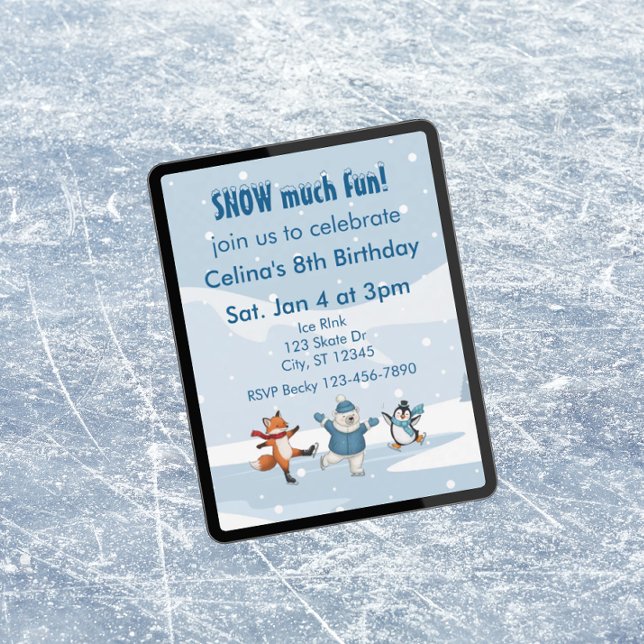 Snow Much Fun, ice skating animals winter birthday Invitation (Creator Uploaded)