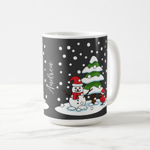 Snow on Cardinal, Snowman and Pine Tree Add Name Coffee Mug