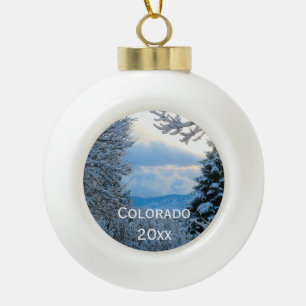 Snow on Pine Trees in Colorado Rocky Mountains Cer Ceramic Ball Christmas Ornament
