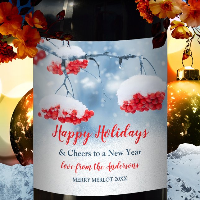 Snow on Red Festive Berries Christmas Wine Label (Personalized wine label featuring festive red berries covered with snow)