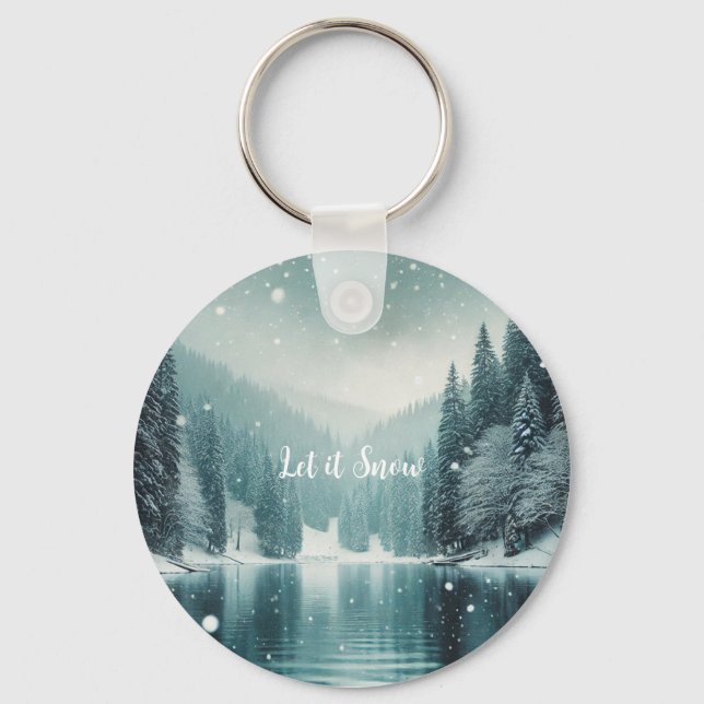 Snow on the winter, mountain lake key ring (Front)