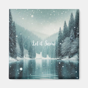 Snow on the winter, mountain lake magnet