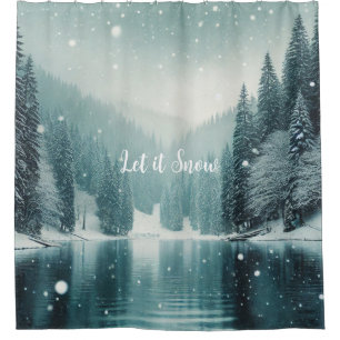 Snow on the winter, mountain lake shower curtain