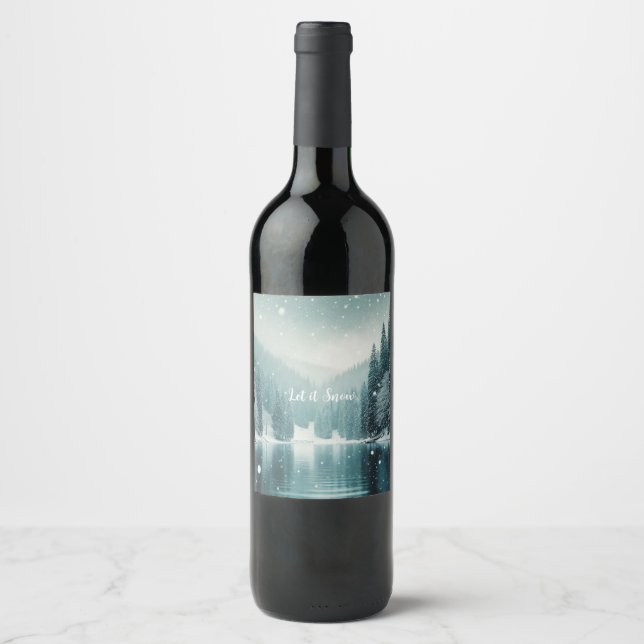 Snow on the winter, mountain lake wine label (Front)