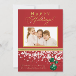 Snow Ornaments Family Holiday Photocard (red) Card