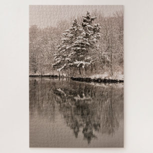 Snow Over Lake Winter Wonderland Vintage Landscape Jigsaw Puzzle