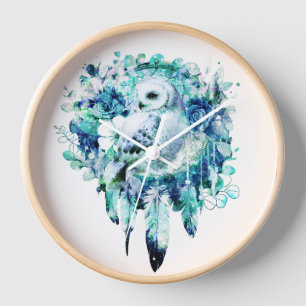 Snow Owl Dreamcatcher Green and Teal Blue Floral Clock