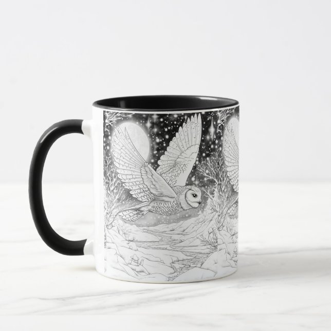 snow owl in winter flight of magical stars mug (Left)