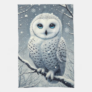 Snow Owl Perched on Snowy Branch  Tea Towel