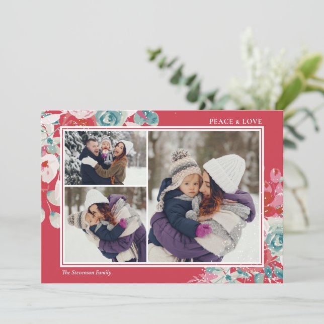 Snow peace love green red floral 3 photos holiday card (Standing Front)