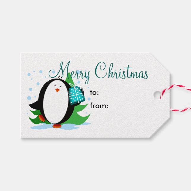 Snow Penguin Merry Christmas Gift Tags (Front (Horizontal))