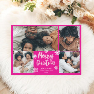 Snow Pink script merry Christmas family 5 photos Holiday Card