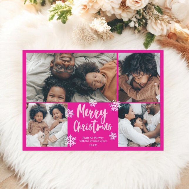 Snow Pink script merry Christmas family 5 photos Holiday Card (Snow Pink script merry Christmas family 5 photos Holiday Card)