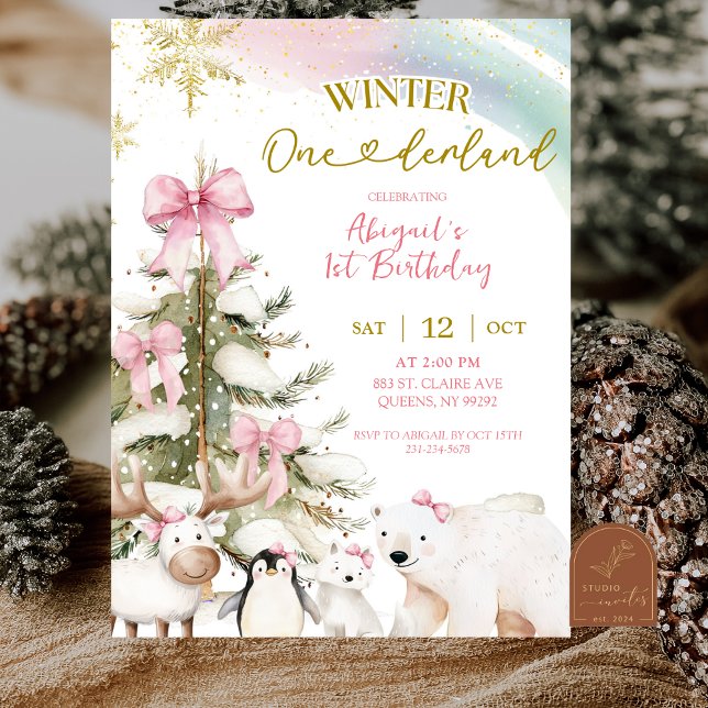 Snow Pink Winter Arctic Animal First Birthday Invitation (Creator Uploaded)