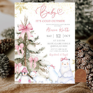 Snow Pink Winter Arctic Animals Baby Shower Invitation