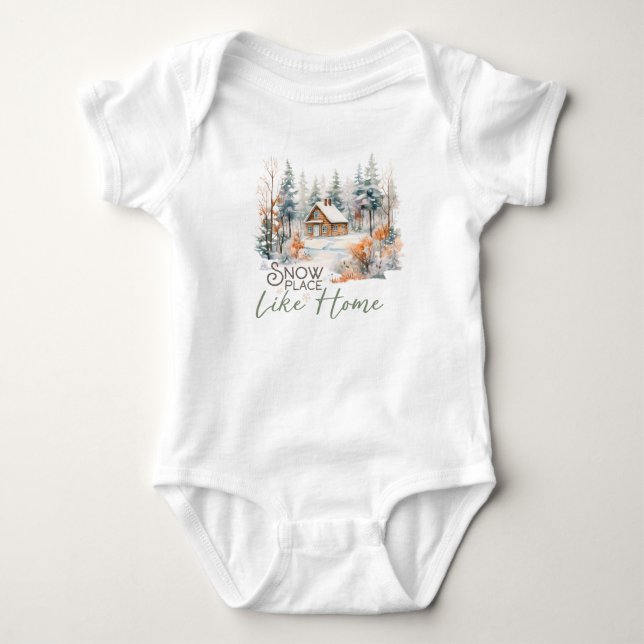 Snow Place Like Home, Mountain Cabin Christmas Baby Bodysuit (Front)