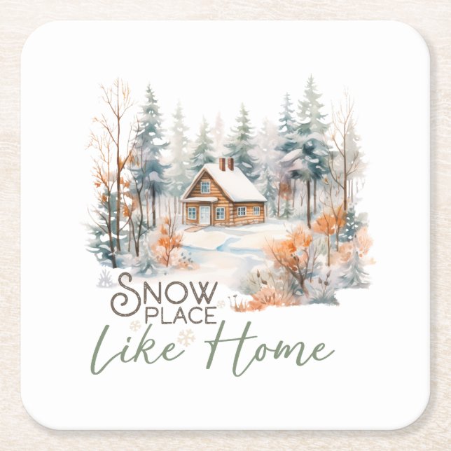 Snow Place Like Home, Mountain Cabin Christmas Square Paper Coaster (Front)