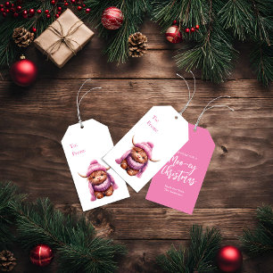 Snow Play Pink Highland Cow Christmas Gift Tag