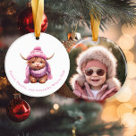 Snow Play Pink Highland Cow Christmas Ornament<br><div class="desc">Delight your “herd” with this adorable pink, personalised Highland Cow ceramic photo ornament! The charming (yet slightly mischievous) bovine, who looks like she’s ready for a day of sledding and hot chocolate, embodies the relaxed yet adventurous spirit of the season. Your family photo on the back will be a cherished...</div>