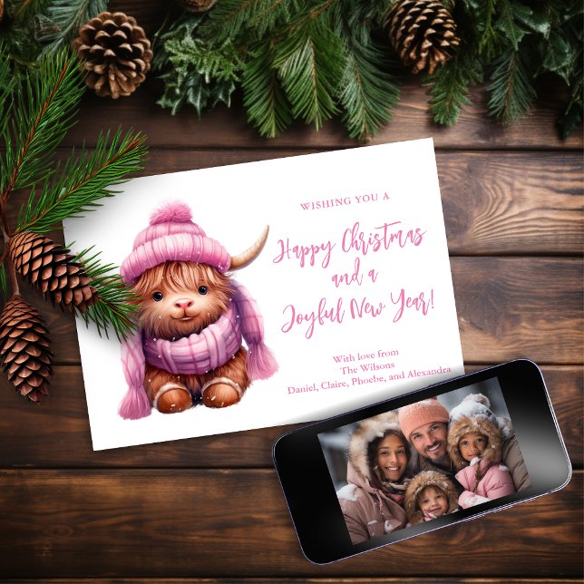 Snow Play Pink Highland Cow Christmas Photo Card (Creator Uploaded)
